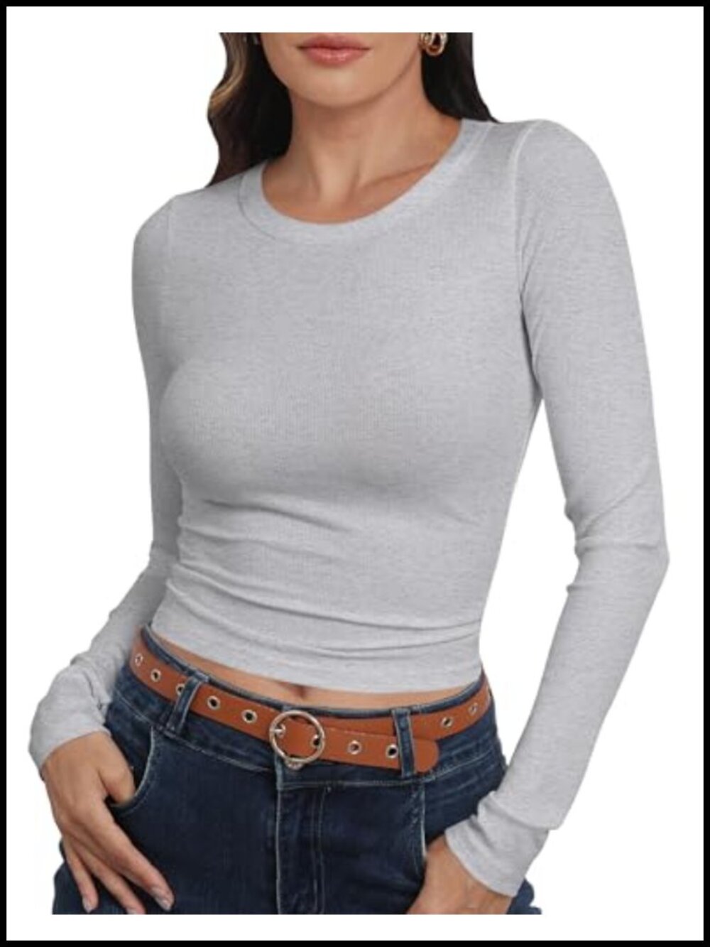 Ribbed Knit Long Sleeve Crewneck Fitted Crop Top Casual Basic